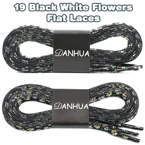 DANHUA Colored Printed Flat Shoelaces: 2 Pair Black White Flowers Patterned Shoe Laces for Sneakers 63 inch - Image 2