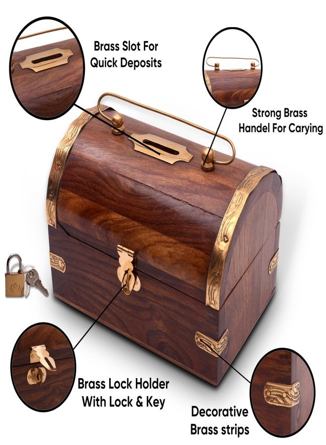 Crafty Essentials Pure Sheesham Wood Piggy Bank Money Bank and Cash Box for Kids Treasure Box Shaped with Lock - Image 4