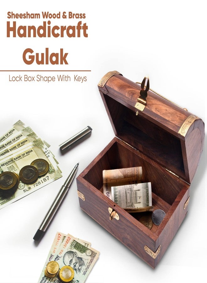 Crafty Essentials Pure Sheesham Wood Piggy Bank Money Bank and Cash Box for Kids Treasure Box Shaped with Lock - Image 3