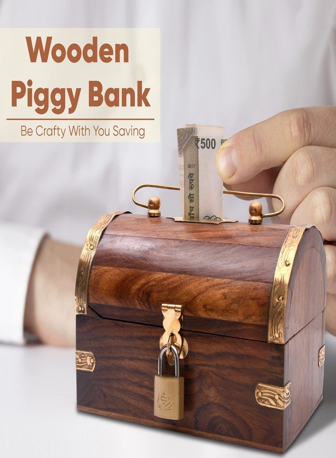 Crafty Essentials Pure Sheesham Wood Piggy Bank Money Bank and Cash Box for Kids Treasure Box Shaped with Lock - Image 2