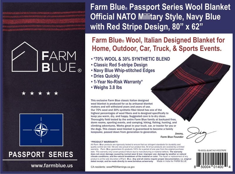 Farm Blue Wool Blanket - Military Style - Thick & Lightweight Army Camping Blankets 80" x 62" - Large Camp Survival Blankets for Car, Hiking, Backpacking & Outdoor Festivals (Navy with Red Stripes) - Image 5
