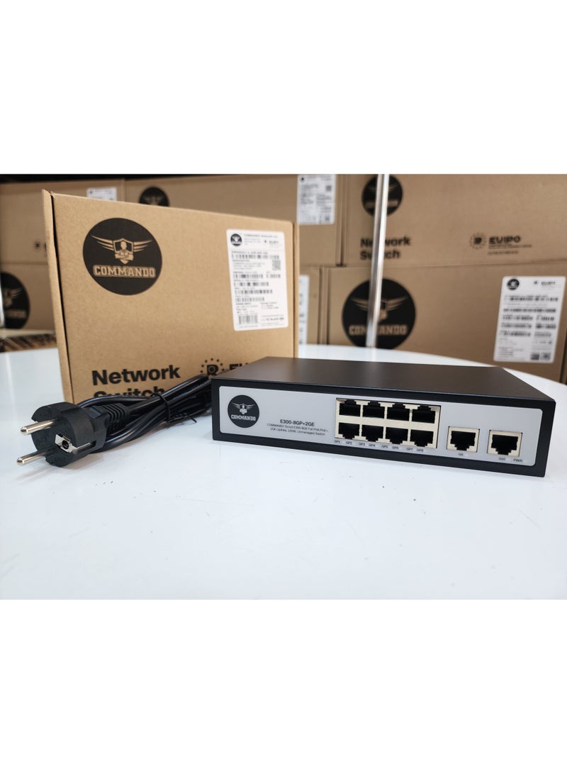 COMMANDO E300 8GE PoE+, 2GE Uplinks, 130W, Unmanaged Switch -- 8+2 PoE Switch, IEEE802.3af/at 15.4W/30W PoE+, 8 Port PoE Switch, 2Gbps Switching Capacity, Ethernet Switch, Network Switch - E300-8GP+2GE - Image 1