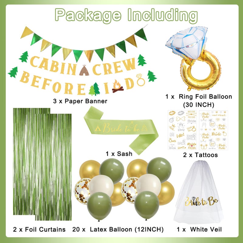 Roetyce Camp Bachelorette Party Decorations, Green Bride To Be Sash Veil Fringe Curtain, Cabin Crew Before I Do Banner Balloons Temporary Tattoos Kit, Camping Themed Bridal Shower Wedding Decorations - Image 2