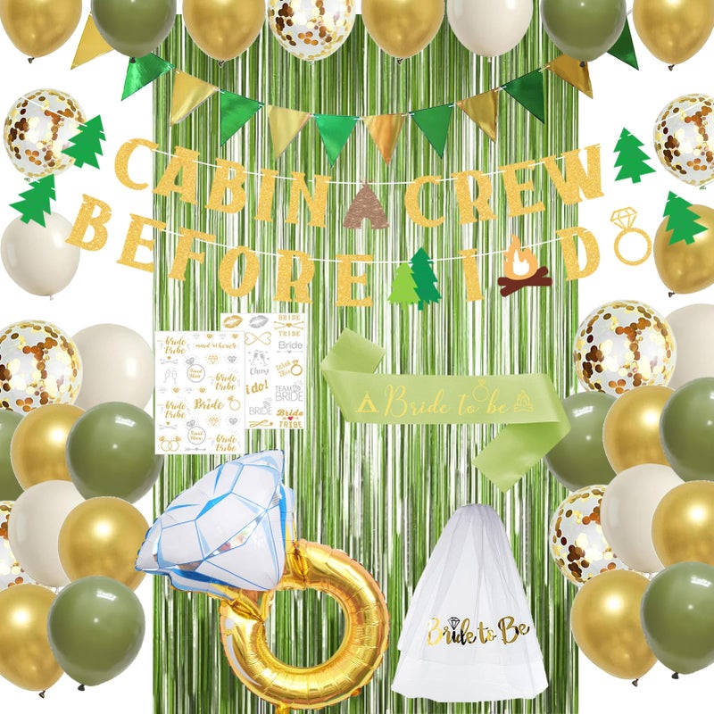 Roetyce Camp Bachelorette Party Decorations, Green Bride To Be Sash Veil Fringe Curtain, Cabin Crew Before I Do Banner Balloons Temporary Tattoos Kit, Camping Themed Bridal Shower Wedding Decorations - Image 4