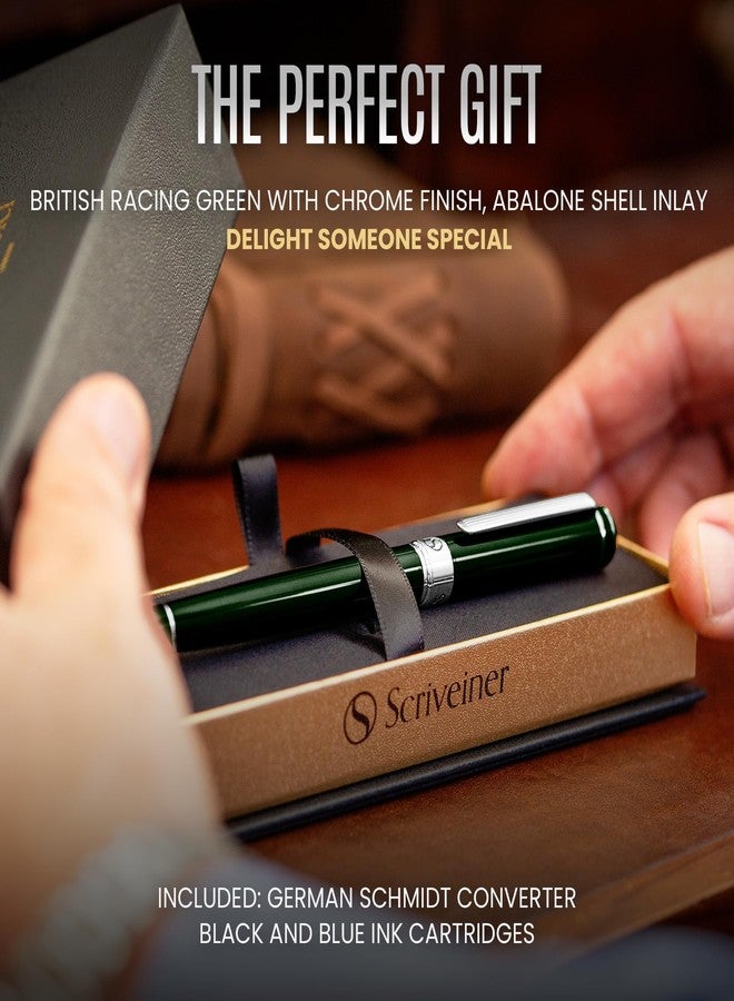 Scriveiner British Racing Green Fountain Pen - Stunning Luxury Pen with Chrome Finish, Schmidt Nib (Medium), Best Pen Gift Set for Men & Women, Professional, Executive, Office, Nice Pens - Image 3