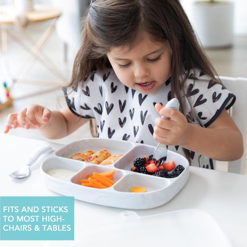 Bumkins Toddler and Baby Suction Plate, Silicone Divided Grip Dish and Lid, Large 5-Section Tray for Kids, Essentials in Children Feeding Supplies, Non Skid Stick Bottom, for Ages 6 Months Up, Marble - Image 3