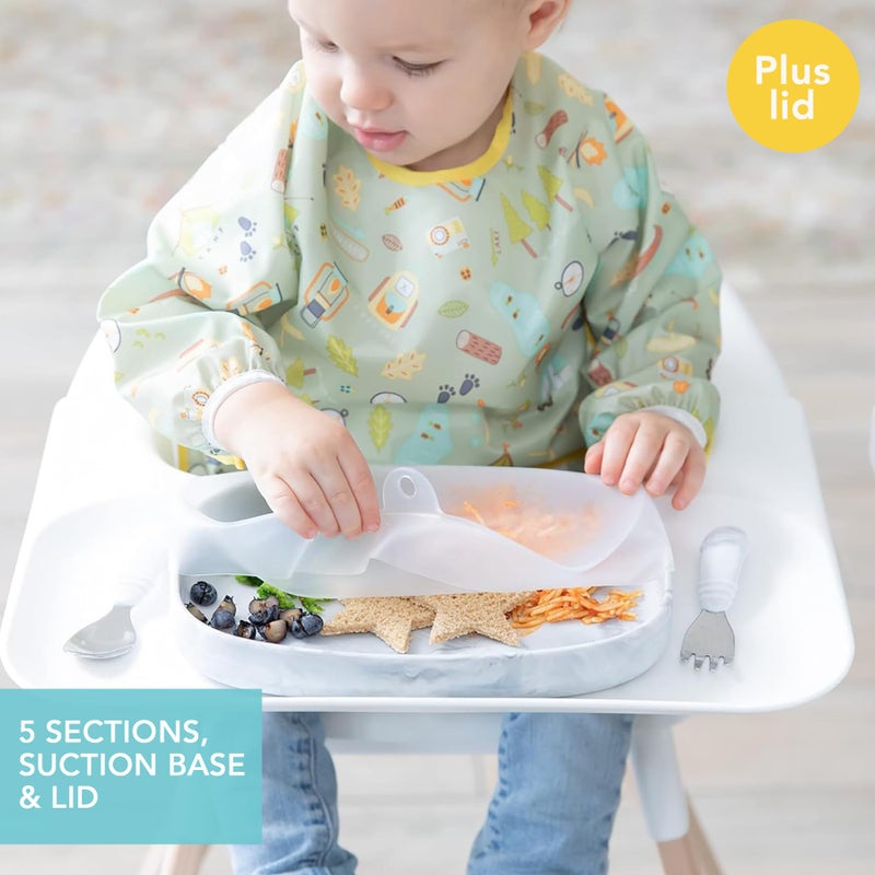 Bumkins Toddler and Baby Suction Plate, Silicone Divided Grip Dish and Lid, Large 5-Section Tray for Kids, Essentials in Children Feeding Supplies, Non Skid Stick Bottom, for Ages 6 Months Up, Marble - Image 2