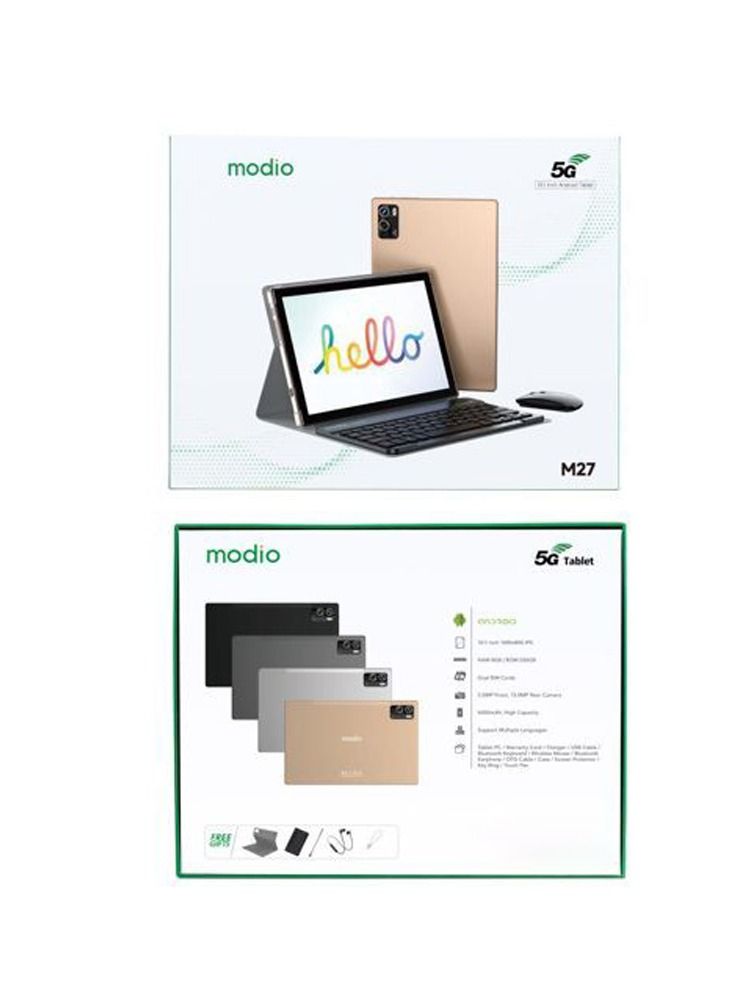 Modio M27 Android Tablet PC 10.1 Inch Dual Sim and Dual Camera with Wireless Keyboard and Mouse 8GB RAM 256GB ROM Grey