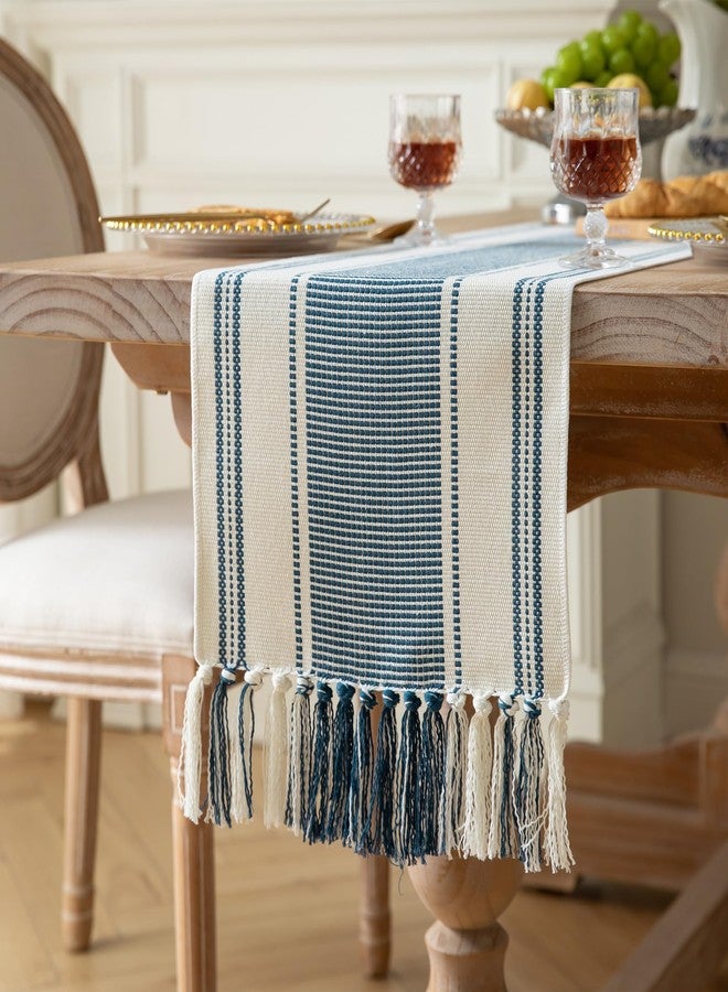 Caflife Boho Table Runner Blue and White for Modern Farmhouse Decor, Natural Cotton Woven Runner with Tassels for Home Dining Table décor 13 x 72 Inch Long - Image 2