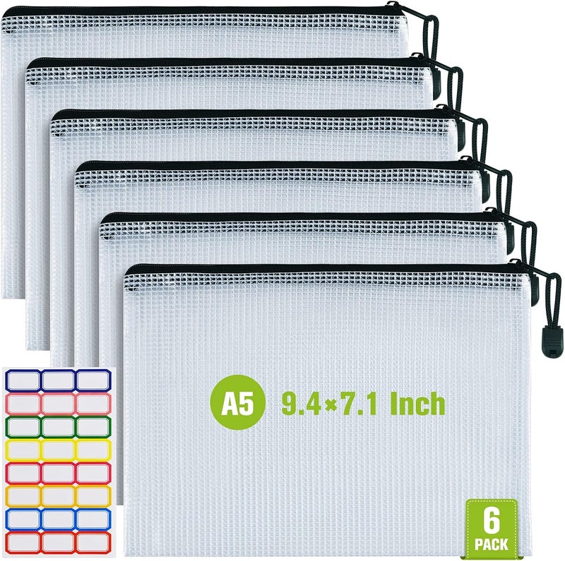 ASTEN Mesh Zipper Pouch, 6PCS Waterproof Plastic Mesh ZipperBag, A5 Size Tear-Resistant Document Pouch, Extra Large Zip File Bags, for School Office Supplies Home Travel Storage(9.4×7.1 Inch) - Image 1