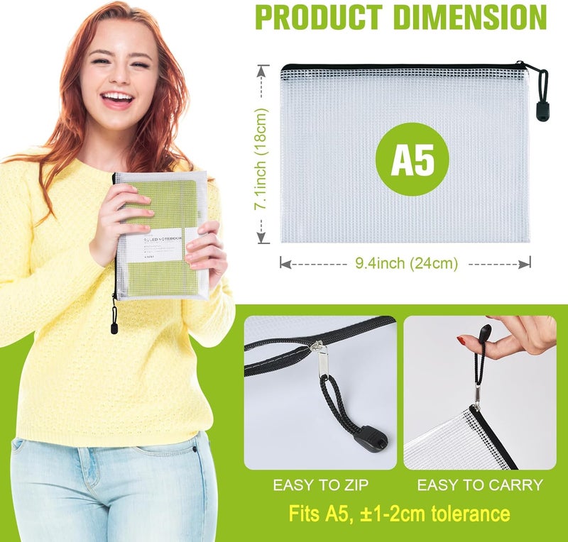 ASTEN Mesh Zipper Pouch, 6PCS Waterproof Plastic Mesh ZipperBag, A5 Size Tear-Resistant Document Pouch, Extra Large Zip File Bags, for School Office Supplies Home Travel Storage(9.4×7.1 Inch) - Image 2