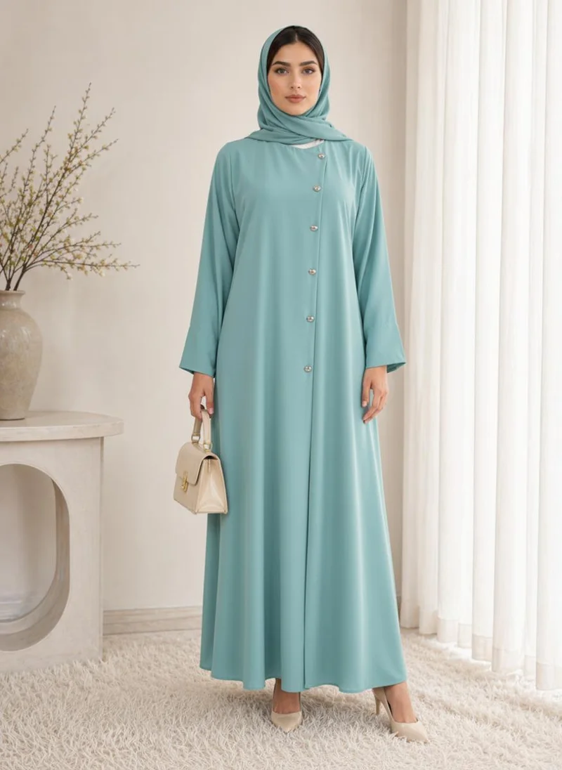 MSquare Fashion Dusty Aqua Korean Nida Abaya I Asymmetrica l Button Design with Matching Chiffon Headscarf