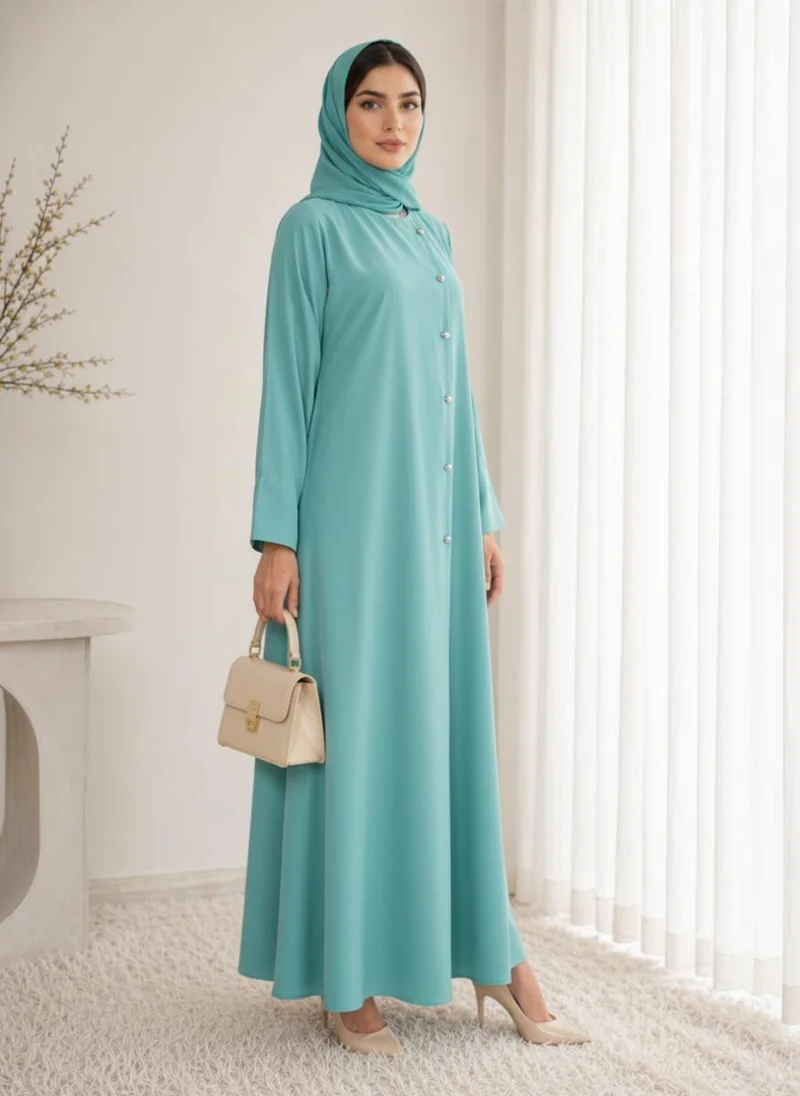 MSquare Fashion Dusty Aqua Korean Nida Abaya I Asymmetrica l Button Design with Matching Chiffon Headscarf