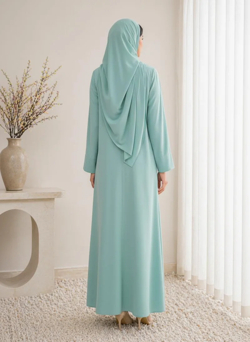 MSquare Fashion  Dusty Aqua Korean Nida Abaya I Asymmetrica l Button Design with Matching Chiffon Headscarf for Women | Best Price UAE