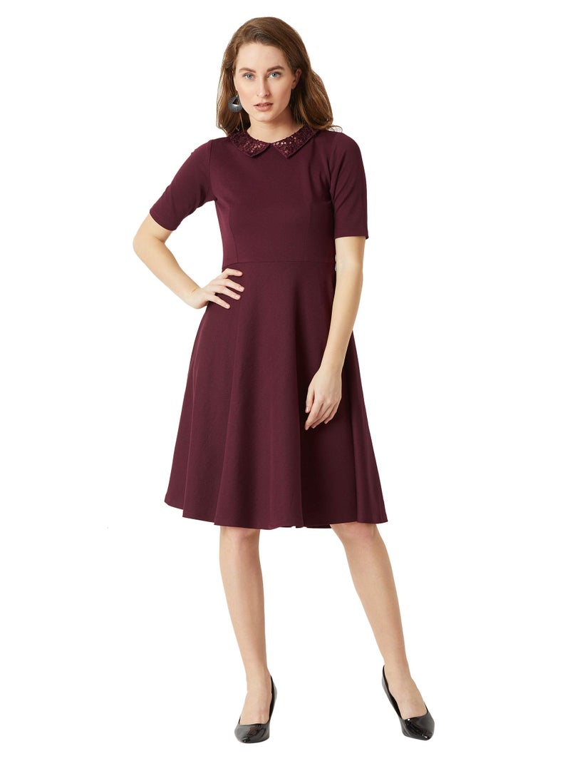 Miss Chase Women's Wine Red Collared Round Neck Half Sleeve Solid Knee-Long Skater Dress (MCAW18D13-05-184_Wine Red_XL) - Image 1