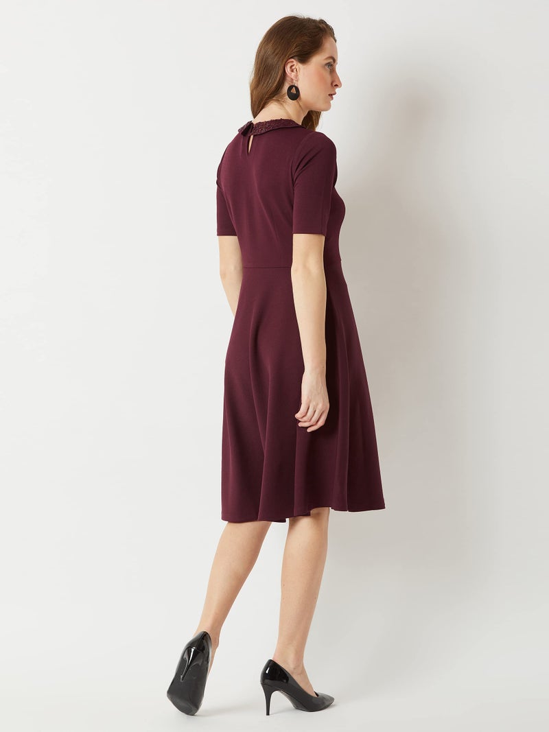 Miss Chase Women's Wine Red Collared Round Neck Half Sleeve Solid Knee-Long Skater Dress (MCAW18D13-05-184_Wine Red_XL) - Image 4