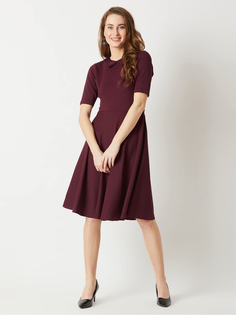 Miss Chase Women's Wine Red Collared Round Neck Half Sleeve Solid Knee-Long Skater Dress (MCAW18D13-05-184_Wine Red_XL) - Image 2