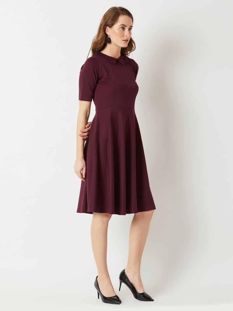 Miss Chase Women's Wine Red Collared Round Neck Half Sleeve Solid Knee-Long Skater Dress (MCAW18D13-05-184_Wine Red_XL) - Image 3