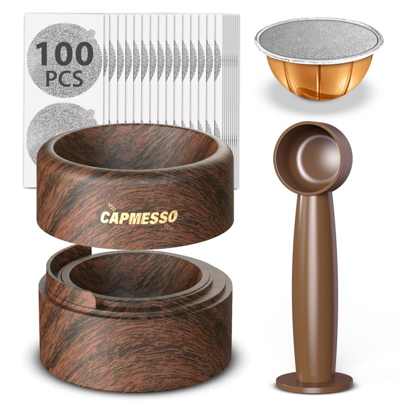 Reusable Vertuo Pod Refill Kit for Nespresso Reusable Vertuo Capsule for NespressoCoffee Pods Vertuoline with 100 Aluminum Foil Lids for Any Size of Vertuo Plus Espresso Pod Wood Grain Holder