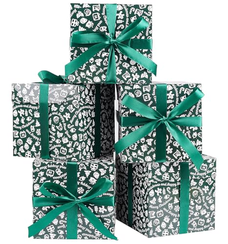 Jaywayang 5 Pack Green Christmas Gift Boxes with Lids Ribbons and Tissue Papers Square Gift Boxes 71 Inch Presents Wrapping Christmas Gift Holiday New Year Party Favor Boxes - Image 1