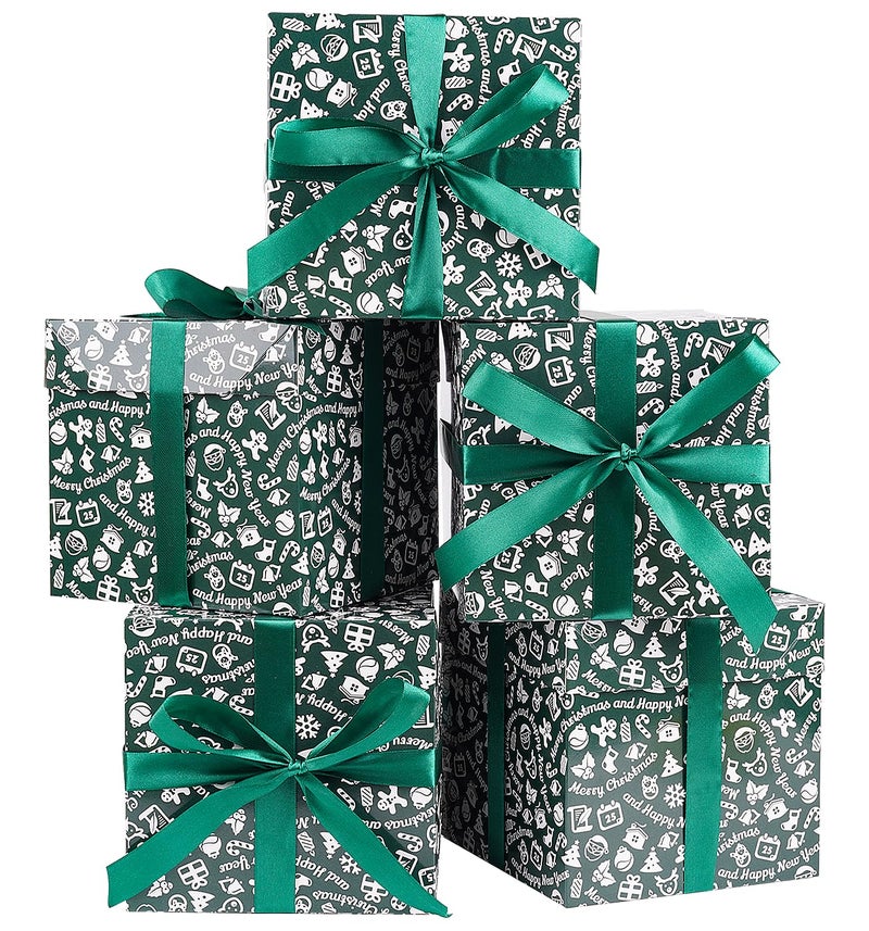 Jaywayang 5 Pack Green Christmas Gift Boxes with Lids Ribbons and Tissue Papers Square Gift Boxes 71 Inch Presents Wrapping Christmas Gift Holiday New Year Party Favor Boxes - Image 2