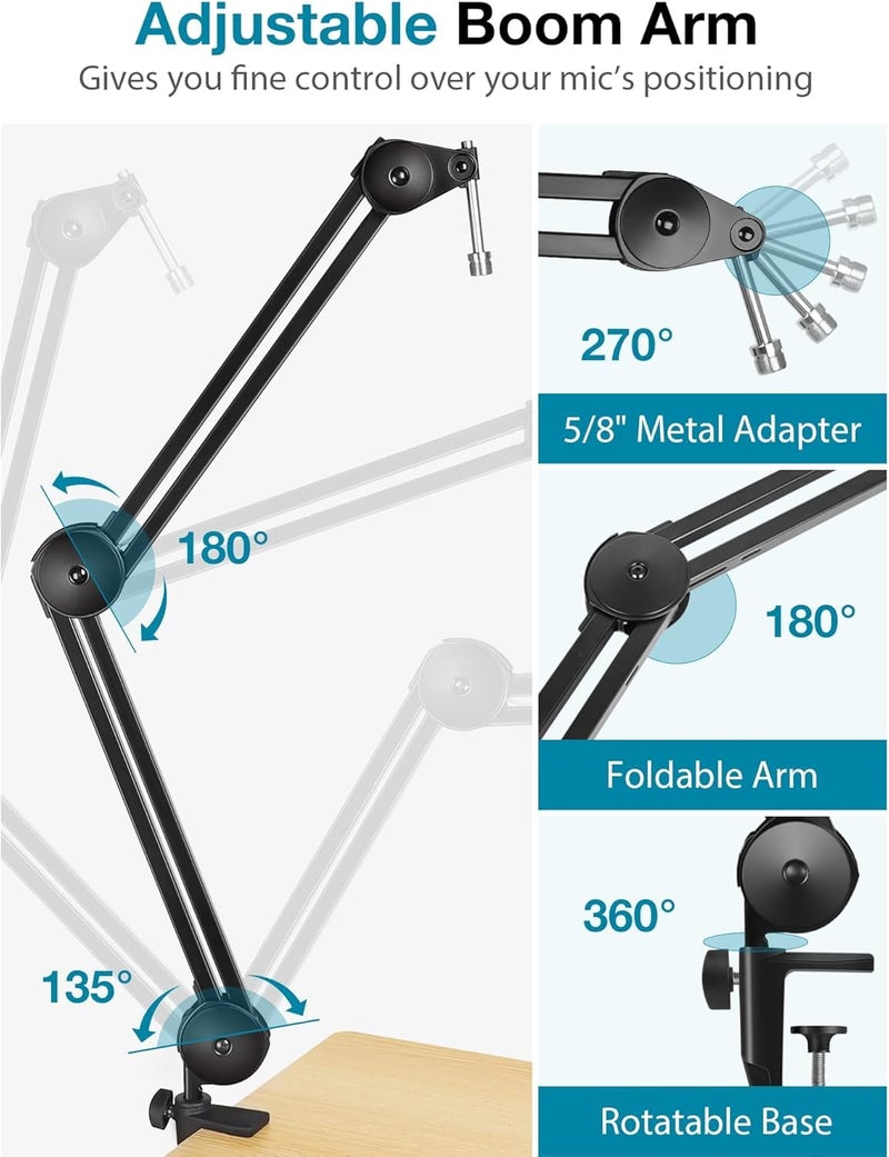 TechBlaze Mic Stand for Desk – TECHBLAZE Heavy Duty Microphone Boom Arm with Clamp, Adjustable 360° Mic Arm Compatible with Blue Yeti, HyperX, Shure SM7B - Image 2