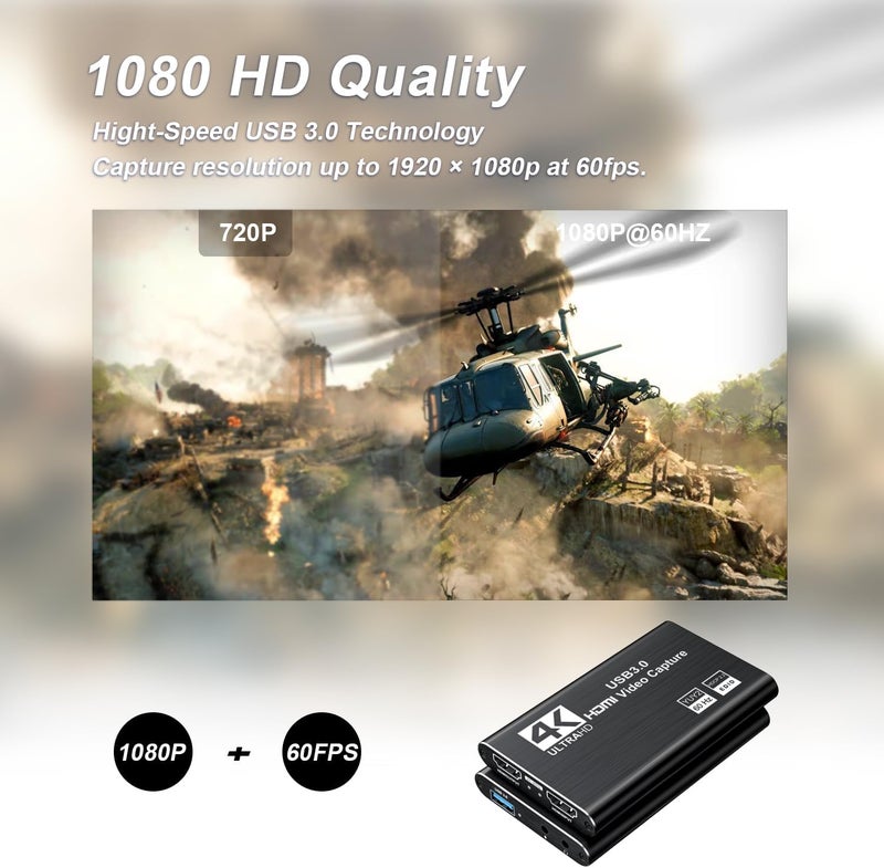 KGEAMP 4K HDMI Video Capture Card, USB3.0 1080P 60FPS Video Recorder, Nintendo Switch Capture Card for Streaming Gaming and Broadcasting (Black) - Image 3