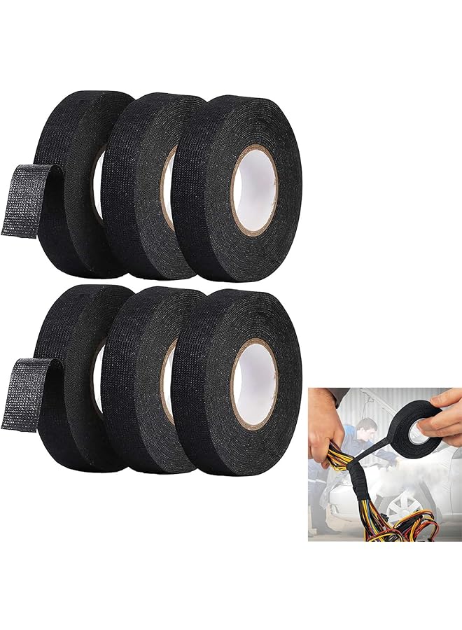 promass Heat Tape, Black Automotive Harness Tape, 6 Rolls Wires Fabric Tapes, High Temperature Resistance Harness Fabric Tape, Electrical Insulation Fastening Tape, 19MM x 15M Tape - Image 1