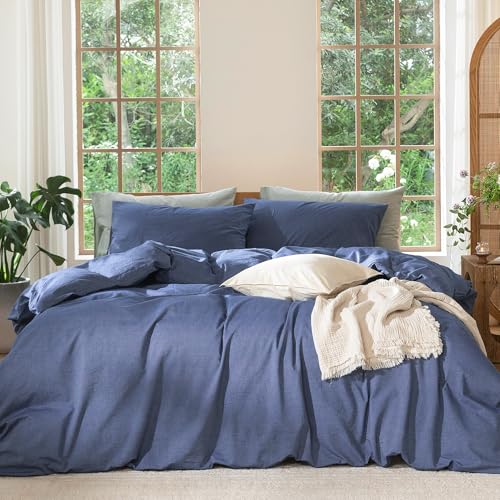 MooMee Bedding Duvet Cover Set 100% Washed Cotton Linen Like Textured Breathable Durable Soft Comfy (Heathered Blue, Queen 90"x90") - Image 1