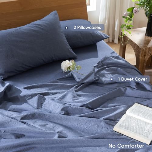 MooMee Bedding Duvet Cover Set 100% Washed Cotton Linen Like Textured Breathable Durable Soft Comfy (Heathered Blue, Queen 90"x90") - Image 2