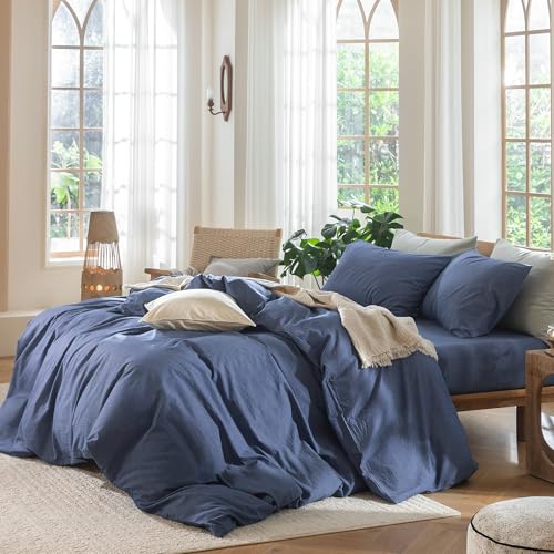 MooMee Bedding Duvet Cover Set 100% Washed Cotton Linen Like Textured Breathable Durable Soft Comfy (Heathered Blue, Queen 90"x90") - Image 3