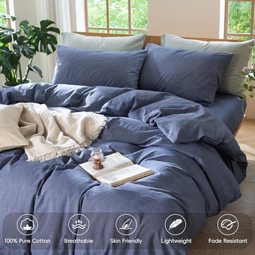 MooMee Bedding Duvet Cover Set 100% Washed Cotton Linen Like Textured Breathable Durable Soft Comfy (Heathered Blue, Queen 90"x90") - Image 4