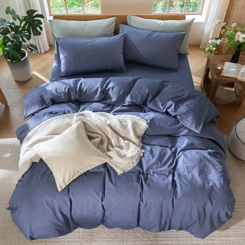 MooMee Bedding Duvet Cover Set 100% Washed Cotton Linen Like Textured Breathable Durable Soft Comfy (Heathered Blue, Queen 90"x90") - Image 5