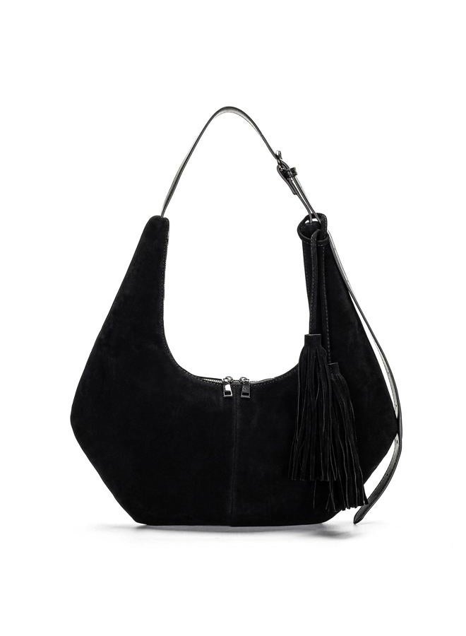 Herald Tassel Suede Hobo Shoulder Bag for Women, Retro Slouchy Crescent Crossbody Purse Handbag with Adjustable Strap, Black - Image 1