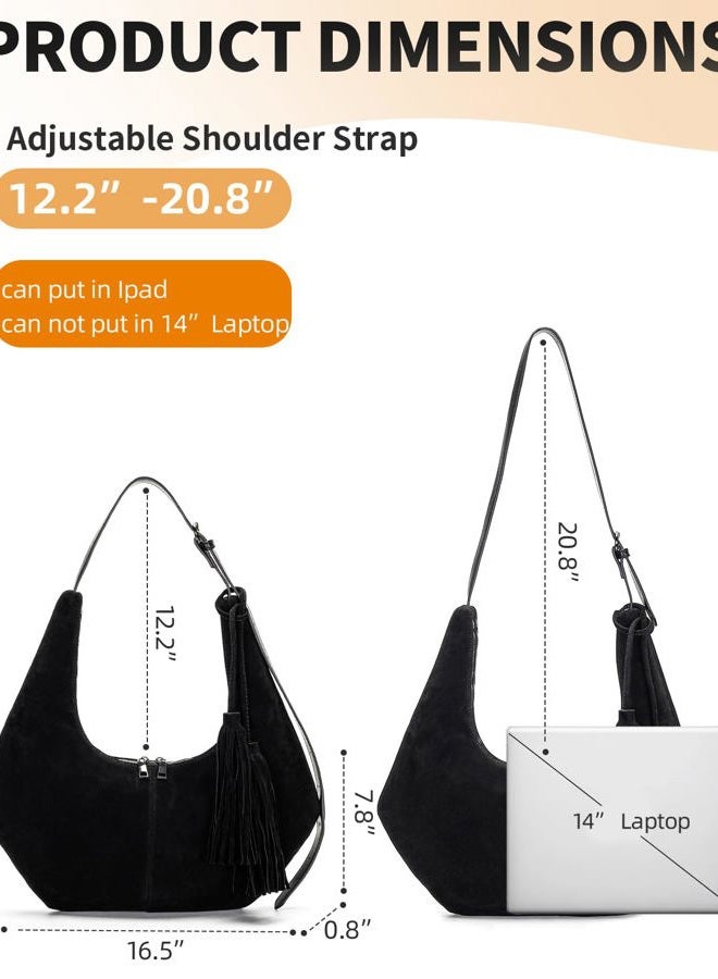 Herald Tassel Suede Hobo Shoulder Bag for Women, Retro Slouchy Crescent Crossbody Purse Handbag with Adjustable Strap, Black - Image 4