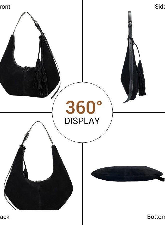 Herald Tassel Suede Hobo Shoulder Bag for Women, Retro Slouchy Crescent Crossbody Purse Handbag with Adjustable Strap, Black - Image 3
