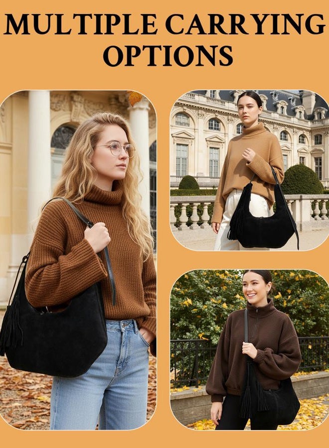 Herald Tassel Suede Hobo Shoulder Bag for Women, Retro Slouchy Crescent Crossbody Purse Handbag with Adjustable Strap, Black - Image 2