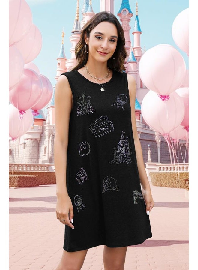 BANGELY Magical Women Dress Love Castle Graphic Magic Princess Family Vacation Party Sleeveless Knee Length Outfit, Black, L - Image 3
