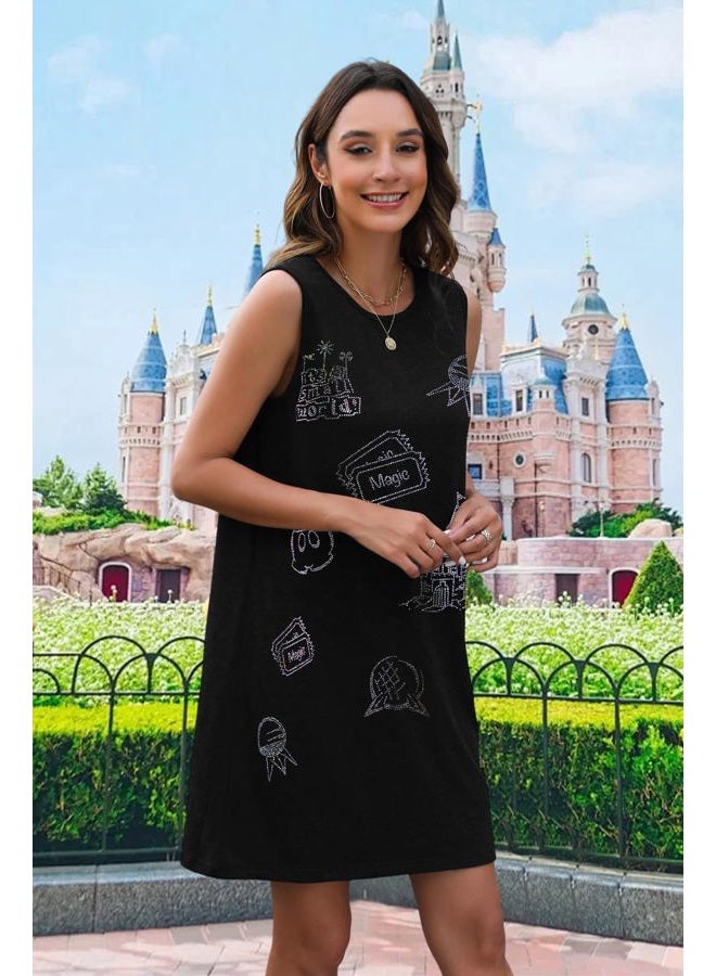 BANGELY Magical Women Dress Love Castle Graphic Magic Princess Family Vacation Party Sleeveless Knee Length Outfit, Black, L - Image 4