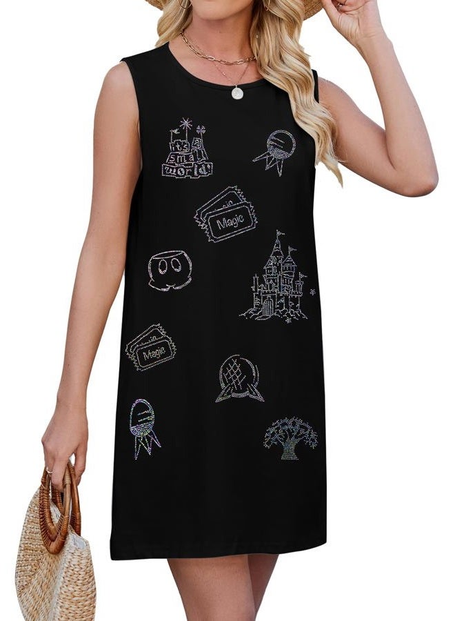 BANGELY Magical Women Dress Love Castle Graphic Magic Princess Family Vacation Party Sleeveless Knee Length Outfit, Black, L - Image 1