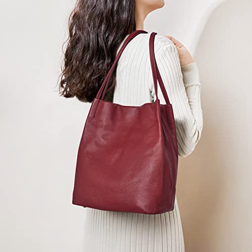 Kattee Women Soft Genuine Leather Totes Shoulder Bag Purses and Handbags with Top Magnetic Snap Closure (Wine Red) - Image 2