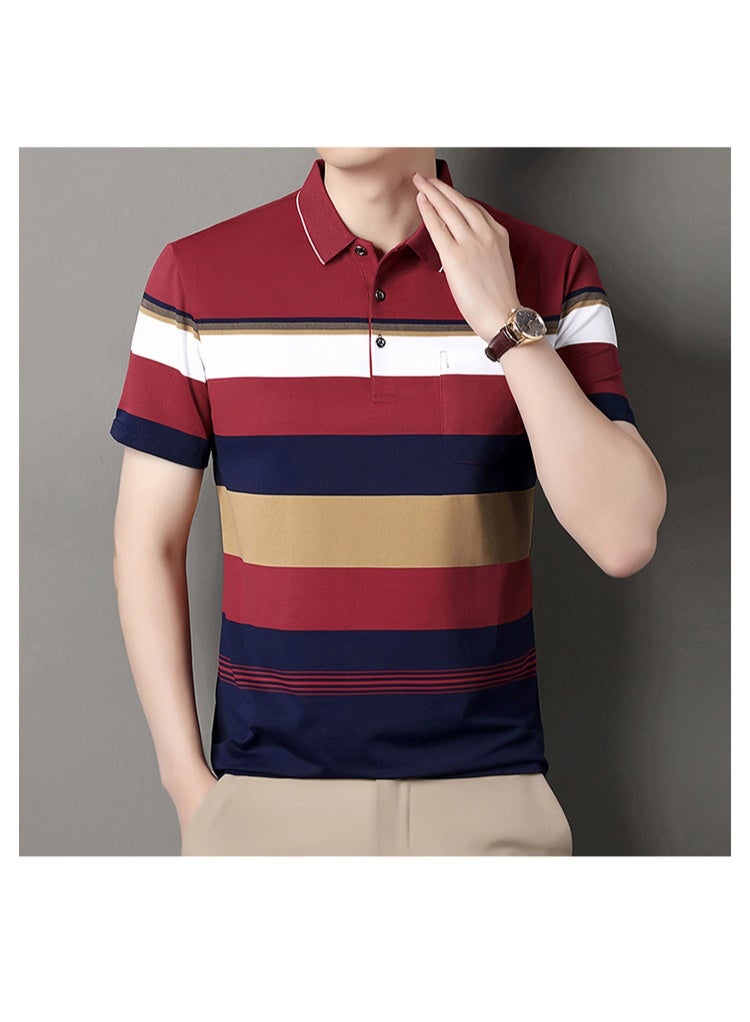 Summer  Cotton Short Sleeve Polo Shirt Men Middle-aged Dad Summer Clothes Stripe Collar Pocket T-shirt - Image 2
