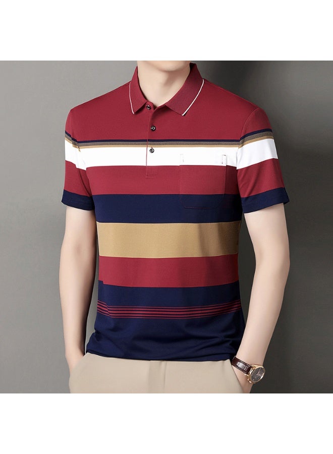 Summer  Cotton Short Sleeve Polo Shirt Men Middle-aged Dad Summer Clothes Stripe Collar Pocket T-shirt - Image 1