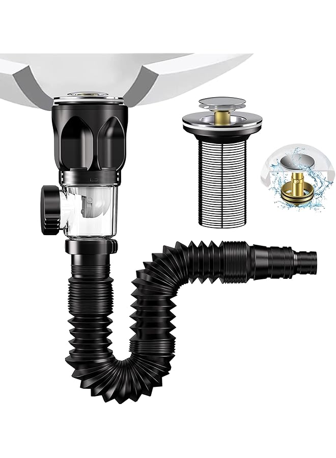 The Bros Siphon with Drain Fitting without Overflow for Sink, Universal Tubular Siphon for Washbasin, Universal Siphon with Cleaning Opening and Drain Valve, Brass Syphon Siphon Pop Up Drain Fitting - Image 1