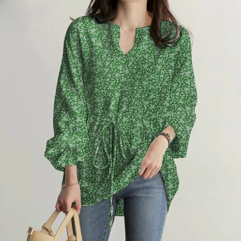 2023 Women''s Long-sleeved V-neck T-shirt Elasticated Waist Trumpet Sleeve Casual Floral Top - Image 5