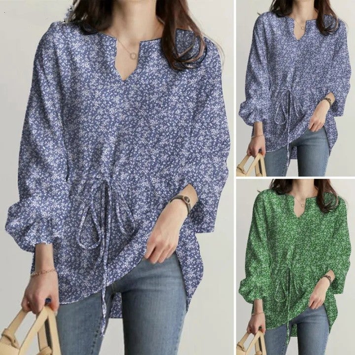 2023 Women''s Long-sleeved V-neck T-shirt Elasticated Waist Trumpet Sleeve Casual Floral Top - Image 2