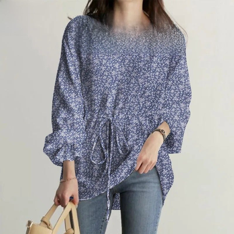2023 Women''s Long-sleeved V-neck T-shirt Elasticated Waist Trumpet Sleeve Casual Floral Top - Image 4