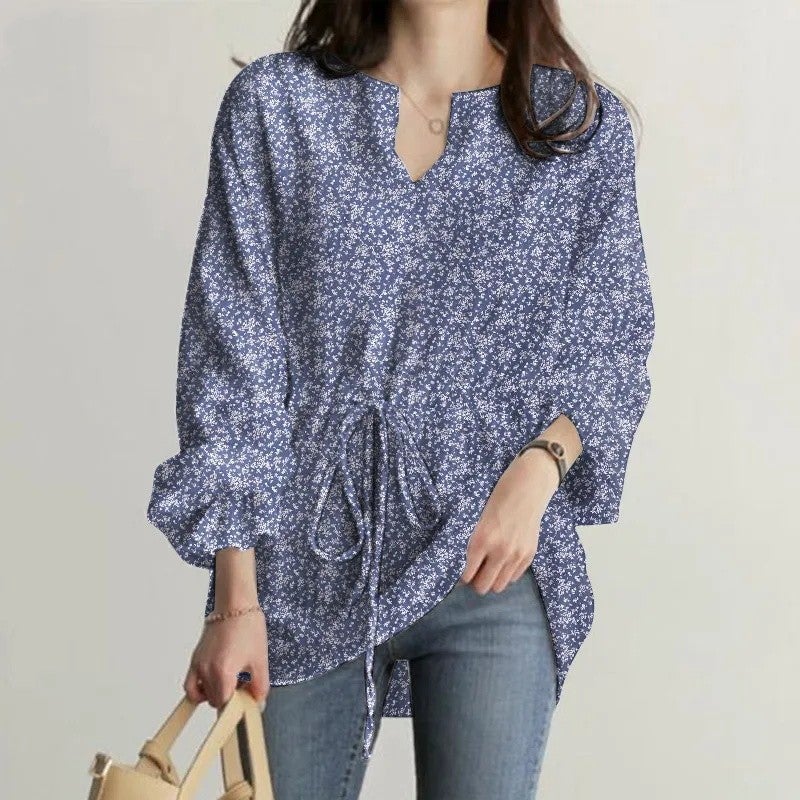 2023 Women''s Long-sleeved V-neck T-shirt Elasticated Waist Trumpet Sleeve Casual Floral Top - Image 1