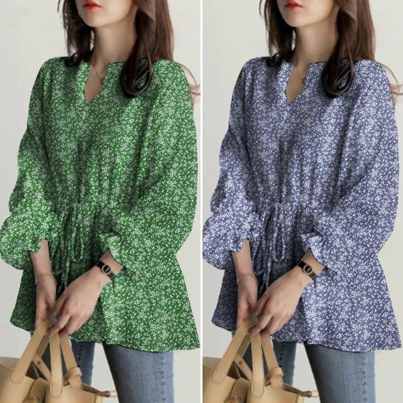 2023 Women''s Long-sleeved V-neck T-shirt Elasticated Waist Trumpet Sleeve Casual Floral Top - Image 3