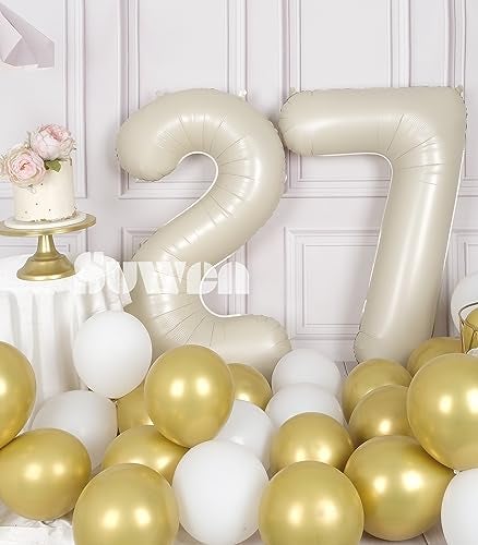 SUWEN بالونات أرقام فويل هليوم كبيرة 27 من سوين بحجم 40 بوصة باللون الكريمي الأبيض 09 للاحتفال بعيد الميلاد السابع والعشرين للنساء أو الرجال ولوازم حفلات الذكرى الثانية والسبعين - Image 5
